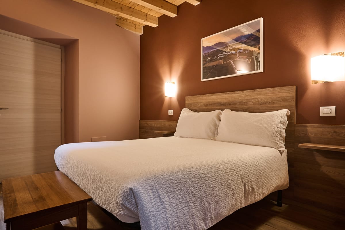 Room with a brown wall and double bed